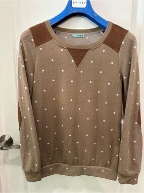 Brown Polka Dot Crewneck Sweater with Suede Patches